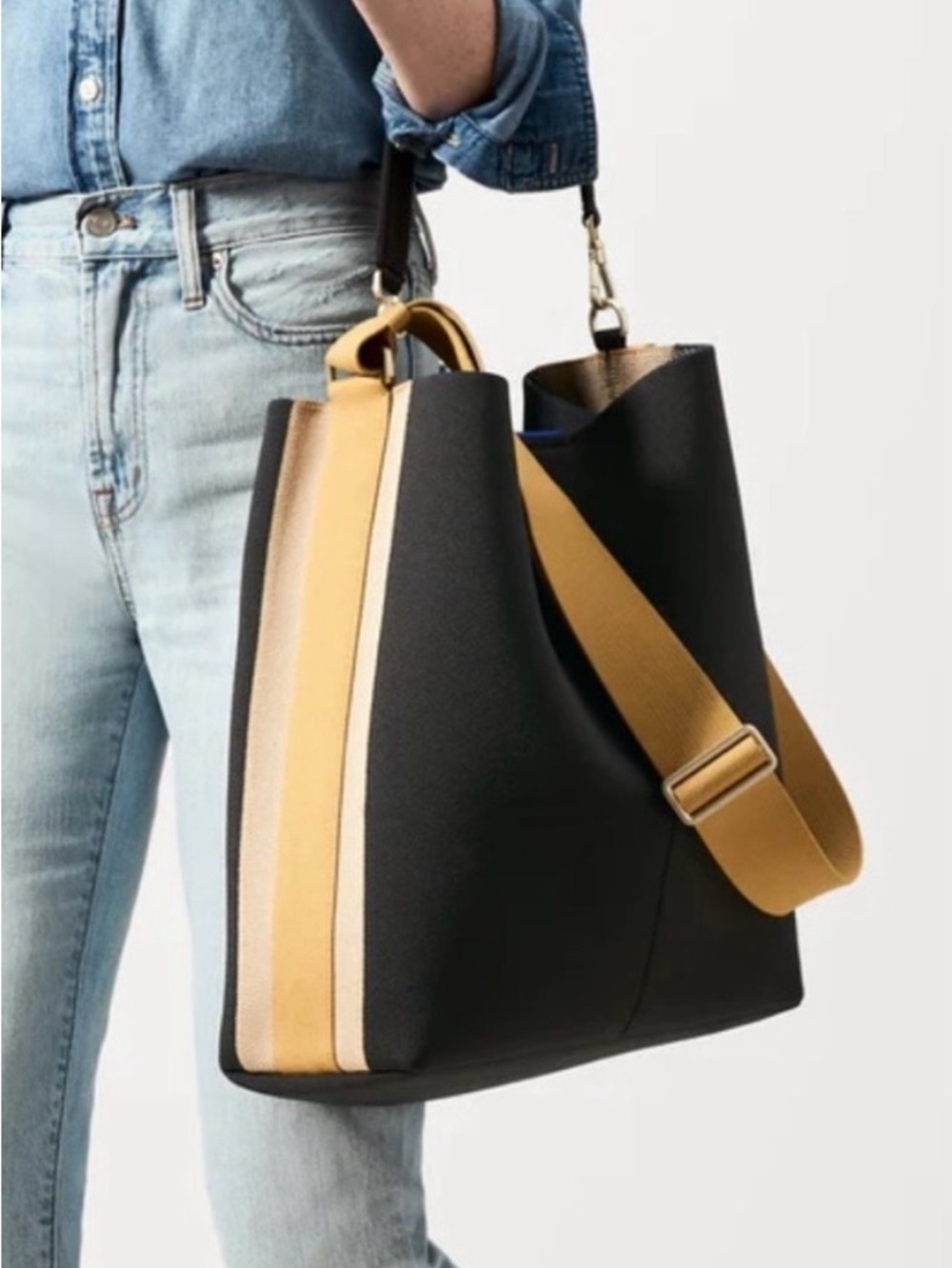 Rothy's Large Bucket Tote - Navy/Black, Tan, Gold Hardware - Picture 5 of 16